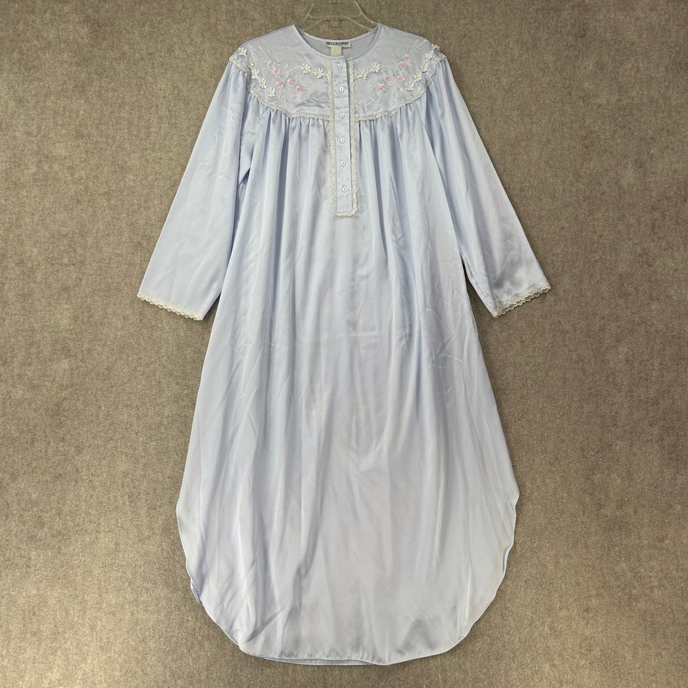 CAROLE HOCHMAN‎ Blue Satin Lace Floral Long Nightgown MED Flannel Lined